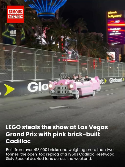The LEGO Group brought high-octane play to the Vegas Grand Prix with a suite of joyful brand activations – including a show-stopping, driveable pink LEGO Cadillac that transported the podium finishers to their celebrations.

Built from over 418,000 bricks and weighing more than two tonnes, the open-top replica of a 1950s Cadillac Fleetwood Sixty Special dazzled fans across the weekend.