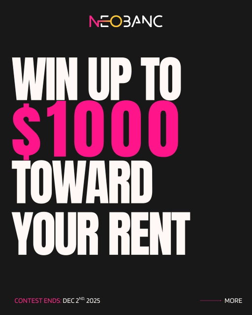 🔥 Win up to $1,000 toward your rent!
This week’s giveaway is BIG — we’re helping someone with their rent, just in time for the holidays. 🏡✨

Here’s how it works:
➡️ Win up to $1,000 if you have a Neobanc account
➡️ Win up to $500 if you don’t

Pro Tip:
Create a free Neobanc account before the contest ends to qualify for the full $1,000 prize. 🙌

How to Enter:
❤️ Like this post
👤 Follow @neobanccom
💬 Tag a friend (1 tag = 1 entry)
⭐ Share to your Story + tag us for 10 bonus entries
🔁 Unlimited entries

Contest Details:
📅 Starts: Nov 26, 2025
⏳ Ends: Dec 2, 2025
🏆 Winner announced: Dec 3, 2025
📍 Canada only (QC excluded)
🔞 Must be 18+
💙 Open to new + existing users
📩 Winner will be DM’d from this account
⚠️ Not sponsored by Instagram/Facebook
Full rules → link in bio