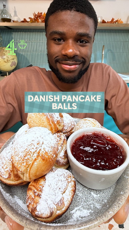 @justinkaarthur just dropped the cosiest treat of the season. These fluffy Danish pancake balls? Dangerously good.

Serves: 2-3 people 
Total time: 35 mins

Ingredients 

200 g plain flour 
2  tbsp sugar 
0.5  tsp baking powder 
0.5 tsp salt 
0.5 tsp of vanilla paste 
2 eggs 
300 ml buttermilk 
20 g butter, melted 
2 tbsp sunflower oil, for frying 

To serve 

Dusting of icing sugar 
Strawberry jam   

Method 

1. In a bowl, combine the flour, sugar, baking powder and salt 

2. Separate the eggs. Whisk the yolks with the buttermilk, vanilla and melted butter, then stir this mixture into the dry ingredients until smooth 

3. Beat the egg whites until stiff peaks form. Fold in 1 tbsp of the egg whites to loosen the batter, then gently fold in the rest, keeping as much air as possible

4. Heat an æbleskiver pan over medium heat and add a little oil to each hole. Fill each hole about three-quarters full with batter

5. When the edges start to set, turn each æbleskive a quarter turn using a skewer or fork. Add a bit more batter into the opening, then continue turning until they form round, golden balls cooked through 

6.  Dust with icing sugar and serve warm with jam

#DanishPancakeBalls #CosyBakes #WeekendTreats