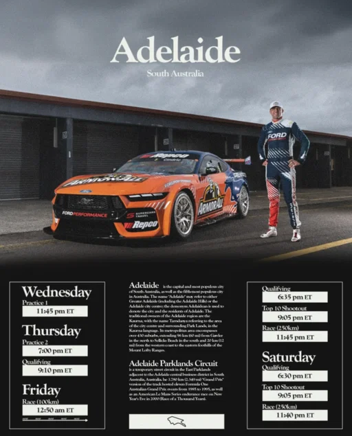 The Great Adventure 🦘🇦🇺🇺🇸
For those at home who want to follow along, I've got session times translated to American time. If you want to watch, you'll have to look up and get a Supercars SuperView account. Track looks awesome. Ready to rip for the weekend.