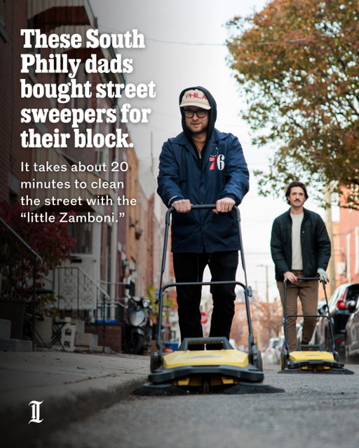 Neighbors Matt Barber, Anthony Masucci, and Frederick Stahl have taken responsibility for their South Philly block’s cleanliness into their own hands. When brooms weren’t enough to keep their kids safe from broken glass and debris, they got ingenious with it.⁠
⁠
Enter the Karcher S 4 Twin, a lightweight, foldable push sweeper that uses no electricity or gas. It retails for $189.99.⁠
⁠
The dads are mostly are sweeping up dirt, debris, broken glass, nails, and cigarette butts. They all grew up watching their dads mow the lawn every weekend, and even though they don’t have lawns to mow in South Philly, using the sweepers feels a little like that.⁠
⁠
“We love the community and you feel great coming out here and doing it so much more efficiently than brushing around,” Masucci said. “The kids run out. They wanna help you push it. Everyone runs out and wants to help you bag it up. So becomes is a community thing.”⁠
⁠
Read on at the link in our bio.⁠
⁠
📝 / 📹 by @farfarraway0444 / Staff columnist⁠
📸 by Monica Herndon / Staff