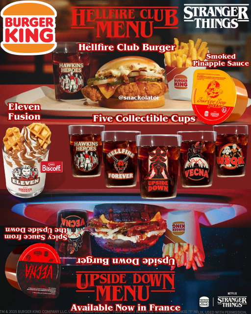 Burger King might've just opened the gate here with this Stranger Things collab that is only in France - this is a CODE RED situation!

This one has two "menus" - the Hellfire Club and Upside Down.

With the Hellfire Club you get the Hellfire Club Burger that is a chicken sandwich with a maple sauce along with a Surfer Boy Pizza sauce that tastes like smoked pineapple.

The Upside Down Burger is a beef burger with maple syrup sauce, bacon, and a black bun. There's also a Vecna sauce that is a spicy sauce 'from the Upside Down.'

And then there's the Eleven Fusion with Biscoff and waffle pieces which looks amazing and five collectible cups.

Would you want to see the BK x Stranger Things collab come here? I keep hoping a fast food chain here is doing a Stranger Things collab, but so far no news and episodes begin in just a few minutes!