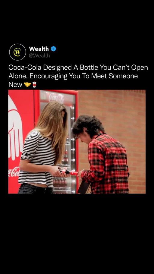 A bottle that literally only opens when you connect with another person is one of the smartest social experiments a brand has ever launched 👀

Coca-Cola designed this special “pair bottle” for college campuses to solve a growing problem. Students were spending less time meeting new people in person, so Coke engineered a bottle cap that can only twist open when it locks with a second bottle. The only way to drink it is to find someone else with one and open them together.

Each bottle has half of a custom cap system, and when two people align and twist them at the same time, the combined shape unlocks and opens both caps. It transforms a basic product into a physical interaction that breaks the ice instantly.

The result was powerful. Students approached strangers, started conversations, and created moments that would never have happened otherwise. It turned something as ordinary as drinking a soda into a shared human experience.

Love Technology? Follow @Wealth 🌟

Media: Coca-Cola 

#innovation #marketing #technology #design #future