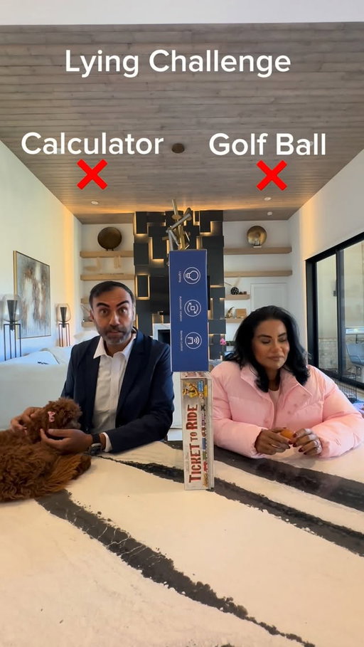 Lying challenge: he’s holding a ‘calculator’ 🐶 and I’ve got a ‘golf ball’ 🥚😂. This is long but watch till the end! 😂🤣
.
Our fits: @fabletics #moveinfabletics #myfabletics #fableticspartner 
.
#anilasajja #contentcreator #southasianinfluencer #atlantainfluencer #lifestyleinfluencer #fashioninfluencer #funny #humor #comedy #lyingchallenge #thesajjafamily #married2med #atlinfluencer #drkiransajjamd