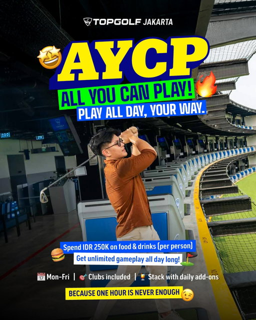 Swing as much as you want, try new shots, or just challenge your friends. No limits, no pressure, just pure TOPGOLF energy!
Available every Monday to Friday at TOPGOLF JAKARTA
#TopgolfJakarta #AllYouCanPlay #TopgolfFun #GolfForEveryone