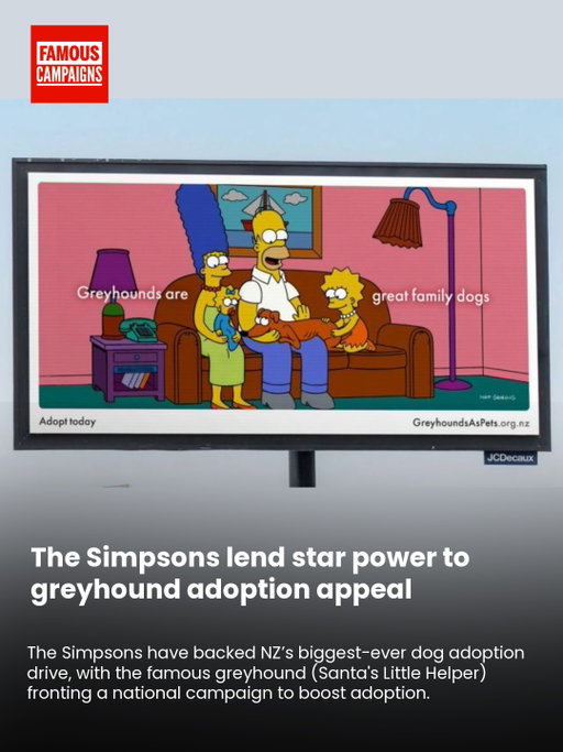 The Simpsons have backed NZ’s biggest-ever dog adoption drive, with the famous greyhound (Santa's Little Helper) fronting a national campaign to boost adoption.

The much-loved greyhound, famously adopted by the Simpson family on Christmas Eve, promotes a call to rehome 2,000 greyhounds before racing ends in the country next year.

@thesimpsons @special_group
