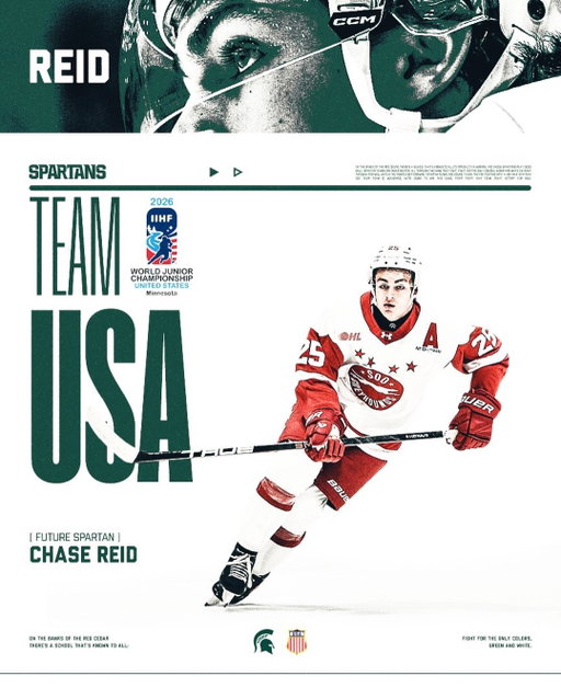 Congrats to future Spartan Chase Reid, who was named to Team USA’s preliminary roster for the 2026 IIHF World Junior Championships!

He’ll join current Spartans Ryker Lee and Shane Vansaghi at training camp on December 15 in Duluth, Minn.