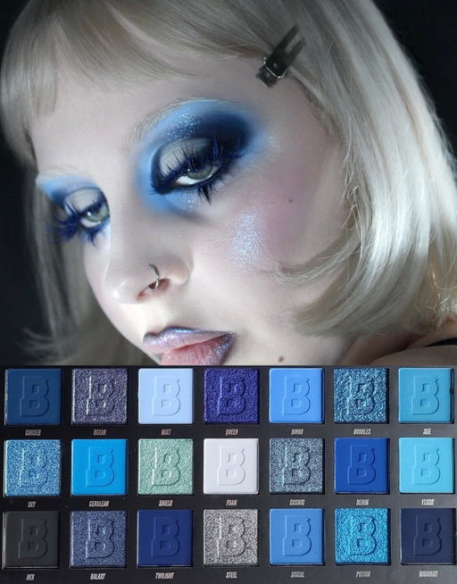 The look vs the palette ⋆˙💙⋆⁺❅。 

Deep blue custom lashes for December 1st using my Midnight 42 Colour Eyeshadow Palette from @beautybay ❄️.*•

Other product details:
@aboutfacebeauty The Performer Foundation “F0Cool”
@ritueldefille Creme Contour Pigment “Intuition”
@kaleidosmakeup Blush “Pale Rose”
@beautybay Midnight 42 Colour Palette 
@likely.makeup Lashes - Painted Myself “Bunny Slippers” 
@kaleidosmakeup Moon Cruiser Highlight “Space Age”
@aboutfacebeauty Matte Fluid Eye Paint “No Queen Blues”
@nyxcosmetics Vivid Rich Cream Liner “Sapphire Blue”
@unearthlycosmetics Lip Pencil “Cursed” 
@beautybay Midnight Eyeshadow Palette “Bleam” 

#wintermakeup #bluelashes #coloredlashes #monochromaticmakeup