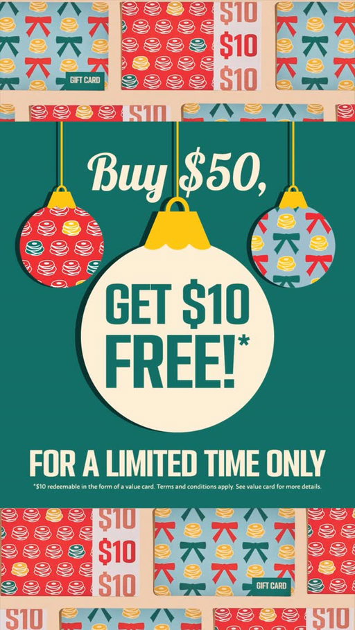 Give the Gift of Stacked this season with Buy $50, Get a $10 value card! 🥞🎄This promo is happening for the entire month of December, treat someone & yourself to breakfast! 

*No cash value. Only valid Monday-Friday, minimum purchase of $10 before tax. Valid from January 5th-June 30th 2026. Not valid on stat holidays.