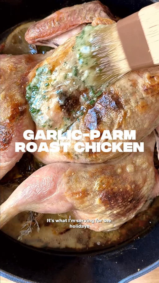 full recipe below! @wholefoodscanada #ad
 
my three favourite things in the whole world are parmesan, roast chicken and garlic, so to have all three in one recipe makes me very happy. you know what else makes me happy? knowing that I can get all my shopping done under one roof @wholefoodscanada — it’s a one-stop-shop that’s perfect for dinner parties. 
 
here’s everything you need to make my garlic-parm roast chicken at home: 
1 organic whole chicken (about 4lbs), spatchcocked
1 head garlic, roasted (I like to use an airfryer for this! just cut the top off, drizzle it with olive oil and wrap it in foil. air-fry for 20 minutes, or until golden brown and completely soft) 
1 stick softened butter 
1 tbsp diced chives
1/4 cup finely diced parsley
1 lemon
10-15 sprigs of thyme
1/4 cup grated parmesan
olive oil 
kosher salt

and the instructions: 
1. preheat oven to 425°F. 

2. in a medium bowl mix 1 stick softened butter, 1 head roasted garlic, 1 tbsp sliced chives, 1/4 cup finely diced parsley and a generous pinch of salt. mix until well incorporated. transfer half to a small bowl and the other half to a small saucepan. set aside. 

3.  thinly slice one lemon into several rounds. fan the slices out on the bottom of a 10” cast iron pan. top with 10-15 sprigs of thyme and place your seasoned chicken on top, skin-side up. pat dry with paper towel. 

4. use your fingers to separate the skin from the meat on the breasts and thighs, then spoon the roast garlic butter under the skin and massage it evenly into a thin layer. drizzle 2-3 tbsp of olive oil onto the skin and massage all over. 

5. transfer to the hot oven and position the top of the breasts towards the back corner. bake for 45-50 minutes, or until the skin is golden brown and the juices run clear. an instant-read thermometer inserted into the thickest part of the breast should read 165°F. remove and let sit for 5-10 minutes. 

6. while the chicken rests, heat the remaining garlic butter on low until melted. brush it onto the skin and cover with 1/4 cup grated parmesan. serve warm with the juices from the pan!
