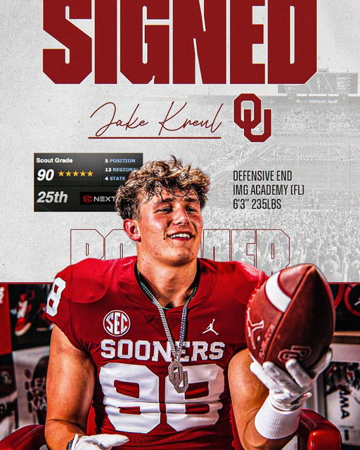 5-star Jake Kreul has officially signed with Oklahoma ⭕️

One of the top pass rushers in the nation out of IMG Academy, Kreul never misses a chance to compete. Fun player to watch.