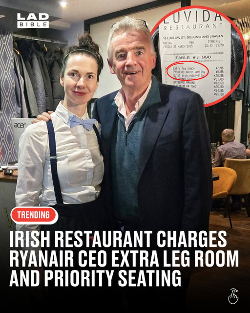 How the tables have turned 😏🤣⁠
⁠
Michael O’Leary, the CEO of Irish airline Ryanair, got hit with a tongue‑in‑cheek bill at an Irish restaurant in Navan.⁠
⁠
The restaurant added “hidden fees” for “extra leg‑space”, “priority booth seating” and a “quiet‑area reservation” to his tab.⁠
⁠
They even labelled the bill “Terminal 1” for full airline vibes. The extra charges were never actually charged, but the irony didn’t go unnoticed.⁠
⁠
The food should’ve been delayed a few hours too 🤣