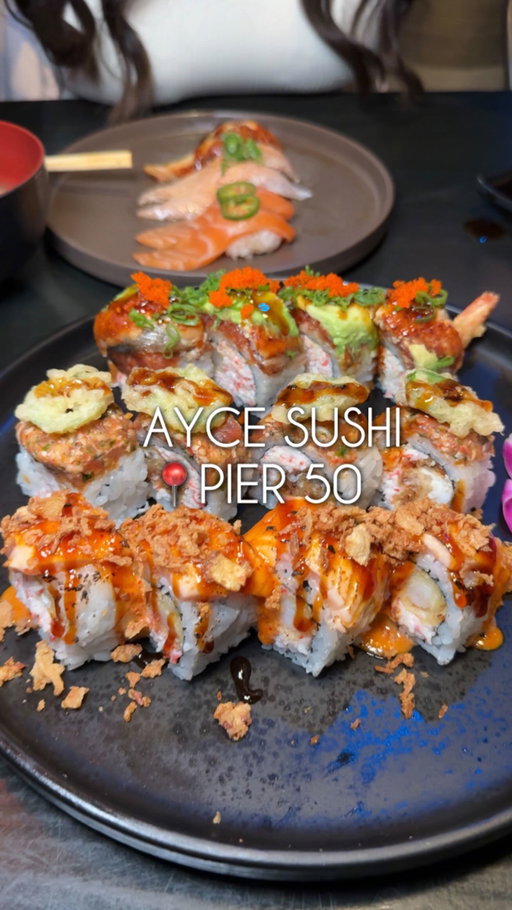 Did we pace ourselves? - absolutely not 🫣🤭

Definitely come hungry to get your money worth, cause it’s a AYCE 😎. 
Also here’s a little hack, if you go to @pier50_sushi get their gift card so you can get a little bonus value 👌🏼
🎁 $50 bonus w/ $200 gift card (basically a free AYCE)
🎁 $20 bonus w/ $100 gift card

Here’re their options: 
🍱 Course A - $34.95
🍱 Course B - $45.95 (this is what we usually go for since it already has SO many options) 
🍱 Course C - $54.95 

📍Pier 50 - 330 Palladio Pkwy #2045, Folsom, CA 95630