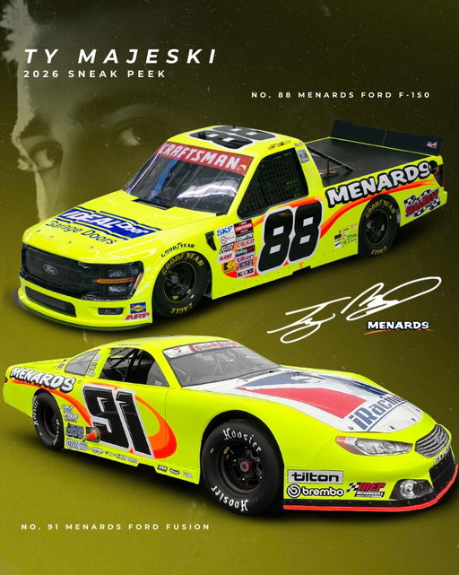 Seeing Double Yellow👀
We’re excited to see #TyMajeski carry on the iconic Menards yellow in the No. 88 Menards Ford F-150! As a sneak peek watch Majeski take on the 2025 Snowball Derby for his first appearance in his No. 91 Menards Ford Fusion🔥