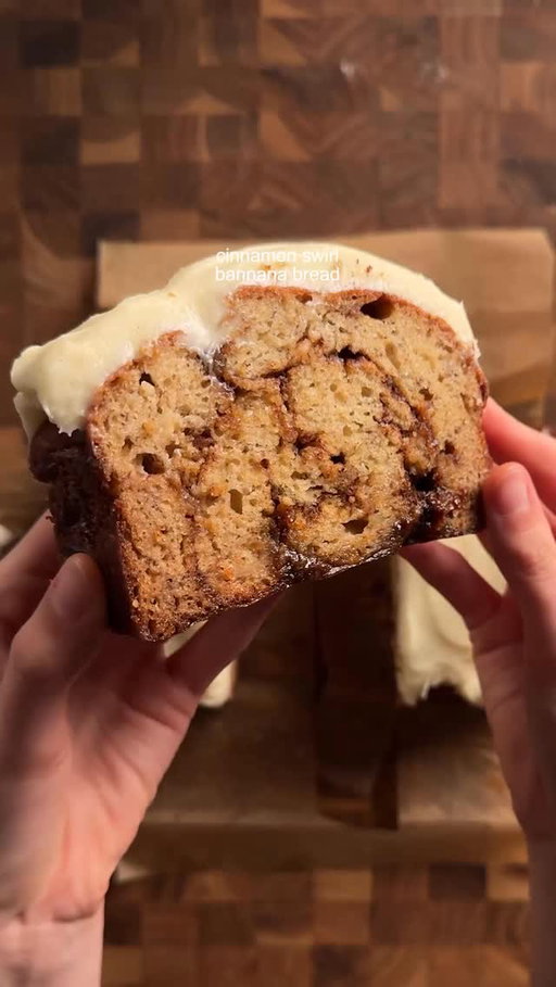 cinnamon swirl banana bread
bread:
3 medium bananas
1/3 cup (67g) brown sugar
6 tbsp (90g) unsalted butter, soft
2 eggs
2 tsp (8g) vanilla
1/3 cup ( 90g) greek yogurt/sour cream
1 3/4 cups (215g) ap flour
1 tsp (5g) baking soda
1/2 tsp (3g) salt
1 tbsp corn starch or milk powder
*mash bananas then whisk in the butter, brown sugar, eggs, vanilla, and yogurt. in another bowl whisk the flour, baking soda, salt, and milk powder/cornstarch. add the dry to the wet and then fold to mix. the batter should be thick and sticky. alternate layering the batter and the swirl paste (sorry i didn’t have the footage for that oops) about 3 layers with thge final layer to be the batter. bake at 350 for 50-65 min or until a tooth pick comes out clean. i temp mine at around 200f. cool at least 30 min before icing. 

swirl paste:
4 tbsp (40g) softened butter, almost melted
1/2 cup brown sugar (100g) packed dark brown sugar
1 tbsp (8–10g) cinnamon
1 tsp cornstarch
1 tbsp heavy cream
pinch of salt
*cream all together!

cream cheese glaze:
2 oz cream cheese, soft
1 tbsp (14g) butter, softened
3/4 cup powdered sugar
1 tbsp heavy cream
½ tsp vanilla
pinch of salt
*cream together the cream cheese and butter, then add in the rest. mix until nice and fluffy then spread on the semi-cooled banana bread.