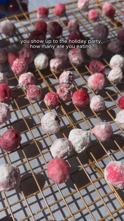 These babies are going viral thanks to @cookiterica. Follow the recipe to below to find out how delicious these poppable gems really are. 

Ingredients
✨ 12 oz Fresh Cranberries 
✨ 2 cups lemon-lime flavored soda 
✨ 1 cup orange juice 
✨ 1 cup Powdered sugar 

Prep: 
Thoroughly wash the fresh cranberries with cold water and pat dry. 

Combine the cranberries, soda and orange juice in a bowl. Cover and place in the refrigerator for 24 hours. 

Preheat your oven to 200ºF. 

Drain the cranberries in a colander and place in a bag. 

Add the powdered sugar and shake vigorously until the cranberries are fully coated. 

Transfer the cranberries to a parchment lined baking sheet. 

Bake for 5 minutes, checking often to ensure the berries don’t dry out. Allow to cool, and serve.