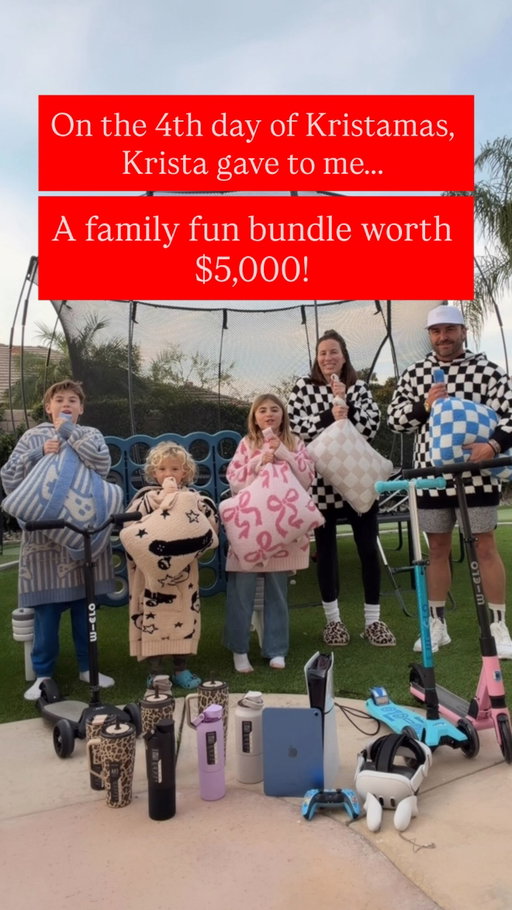 On the 4th day of Kristamas, Krista gave to me a family fun bundle worth $5,000! This is just from ME to YOU! All you gotta do is like this post + comment a 😎 (each comment is an entry) + share this reel to your stories (we’ll ask for proof) and one of you will win ALL of this:
😎Springfree trampoline
😎PlayStation
😎VR
😎Giant Connect 4
😎5 Staykation Komfy Kozy Wearables
😎5 Staykation Quillows
😎Brumate Era 40 oz
😎Brumate Era 30 oz 
😎Brumate Nav 25 oz 
😎Brumate Resa 35 oz
😎2 Brumate Rise 35 oz
😎2 Brumate Rise 25 oz
😎iPad
😎3 Micro Scooters
(total value $5,000)
This ends on 12/18/25 and the winner will be announced on this post ONLY so please don’t engage with any fake accounts! ILYSM! Merry Kristamas!
Winner: @hannahmere