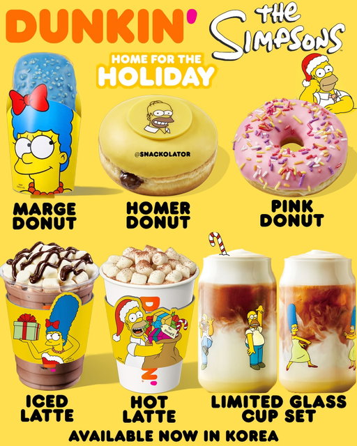 The Simpsons have taken over Dunkin Donuts in Korea and I need them to come here immediately!

You can now get the collection which features three donuts along with special packaging, merch, and more.

The Marge Donut is "filled with sweet and tangy strawberry filling and topped with crunchy peanuts."

There's a Pink Donut that is Homer's favorite, but also a Homer Donut that is filled with a "sweet Hershey's chocolate filling."

Then of course lattes which special Simpsons packaging along with limited glass cups and other merch.

Would you want to see this come to Dunkin' here?