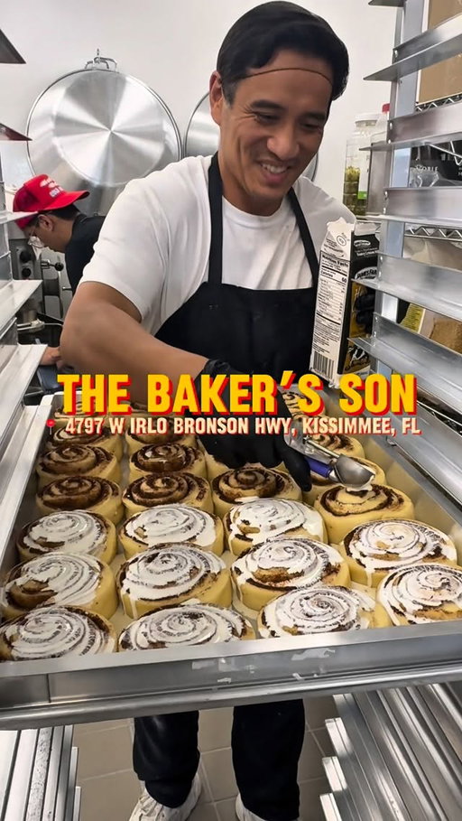 Filipino-American 🇵🇭 bakery The Baker’s Son is officially open as of December 4 and it’s the very first location in Orlando / Central Florida, right outside Disney World in Kissimmee.

Founded in Jacksonville, Florida by Dad, Chef Jun Valerios, the bakery is a true family operation, with son Arvin managing the new Kissimmee shop, their second in Florida after Jacksonville. They’re famous for their traditional and modern Filipino breads such as pandesal, ube breads, cream cheese rolls, Spanish cream bread, and so much more. I just tried the ube bread wanting just a bite and literally inhaled it because  it was so good - and not too sweet. 👨‍🍳 😘 This new space is five times larger than the original Jacksonville bakery.

For the first time ever, they’re introducing a dine-in Filipino-American menu featuring creations by son Jelo, including loaded longanisa fries, Philly bistek sandwiches, Pinoy pancakes, and my personal favorite - the sinigang popcorn chicken. The café lineup is stacked too: pandan cream latte, ube cloud lattes, soft-serve ice cream, and more.

Don’t miss opening week as they’re giving away FREE pandesal to the first 50 people in line each day, Dec 4–7 starting at 7am!! 

Follow @thebakersonusa
📍 4797 W Irlo Bronson Memorial Hwy, Kissimmee, FL 34746
⏰ 8AM–7PM daily

Go check them out ASAP because this is about to become an Orlando landmark. See you there and follow us @tastychomps for more.