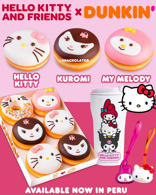 Dunkin' just dropped a new Hello Kitty and Friends collab in Peru and this is cuteness overload!

They've got three filled donuts (I can't see what the flavors are yet) for Hello Kitty, Kuromi, and My Melodi along with a Hello Kitty decorated ring donut.

In addition they have a collectible tumbler, two tags, and other merch for the collab.

First Dunkin' dropped the Simpsons in Korea and now Hello Kitty in Peru... will the US ever get some of these collabs?!

Would you want to see the Hello Kitty and Friends collection drop here?