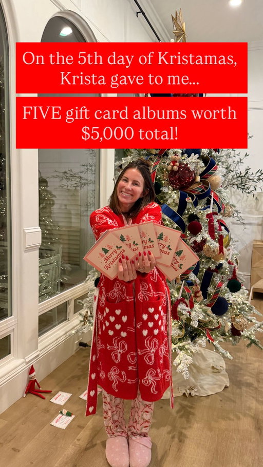 On the 5th day of Kristamas, Krista gave to me FIVE favorite things gift card albums worth $5,000 ($1,000 each)! This is just from ME to YOU! All you gotta do is like this post + comment a 📖 (each comment is an entry) + share this reel to your stories (we’ll ask for proof) and five of you will win ALL of this:
📖$100 Amazon gift card
📖$100 Sephora gift card
📖$100 Dutch Bros gift card 
📖$100 Chili’s gift card 
📖$100 Target gift card
📖$100 Lululemon gift card 
📖$100 Pink Lily gift card
📖$100 Walmart gift card
📖$100 Brumate gift card
📖$100 Staykation gift card 
(total value $5,000 or $1,000 each)
This ends on 12/19/25 and the winner will be announced on this post ONLY so please don’t engage with any fake accounts! ILYSM! Merry Kristamas!
Winners:
@em_mae_3
@hannah.kocher14
@booboo_cass
@janellemarie.miller
@jess.steed
