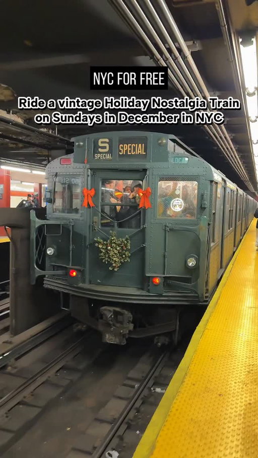 Ride a vintage Holiday Nostalgia Train on Sundays in December in NYC 🚂 

Travel back in time and take a ride on a real 1930s vintage train

Catch the Holiday Nostalgia Rides every Sunday through January 4 (due to cancelled December 29 date) from 10a-5p for for the cost of a regular subway fare

Departs 2nd Ave - Houston St 
Station on the uptown F line:
10AM, 12PM, 2PM, 4PM 

Departs 96th St - 2nd Ave
Station on the Downtown Q line:
11AM, 1PM, 3PM, 5PM

*Recommend starting at the top or bottom stops because people dressed up in 1930s outfits will get out and pose for pics. Make sure to also read the in train advertisements, so cool seeing the retro ads!

Will you check out this @nytransitmuseum tradition?

#nycforfree #nyc #holidaynostalgiatrain #mta #nytransitmuseum #newyorkcity #manhattan