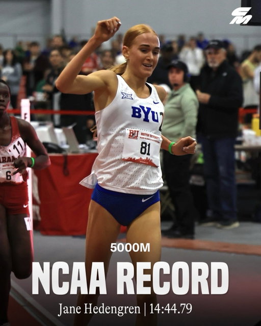 14:44.79 ARE YOU KIDDING ME 🤯

@janehedengren of @byutrackfieldxc shatters the NCAA record in the indoor 5000m at the BU Season Opener, knocking 8 seconds off Doris Lemngole’s 2024 mark and becoming the first collegian ever under 14:50 indoors.

📸: @justinbritton