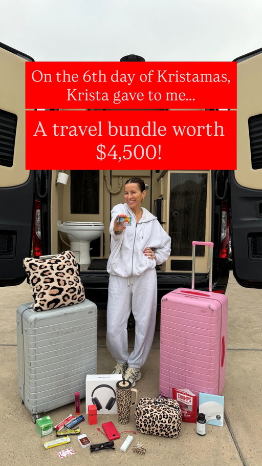 On the 6th day of Kristamas, Krista gave to me a travel bundle worth $4,500! This is just from ME to YOU! All you gotta do is like this post + comment a ✈️ (each comment is an entry) + share this reel to your stories (we’ll ask for proof) and one of you will win ALL of this:
✈️2 pieces of Away or Beis luggage (you choose)
✈️$2,000 Marriott gift card
✈️$100 Starbucks gift card 
✈️Apple AirPods Max
✈️Staykation Quillow
✈️Staykation cosmetic bag
✈️Staykation hair clip
✈️My fav Target sweat set
✈️New Balances
✈️Portable charger
✈️Tula lip mask
✈️Collagen face masks
✈️Hanni Fatty stick
✈️Phlur travel perfume 
✈️Touchland hanitizer
✈️JS Health Detox & Debloat
✈️Peter Thomas Roth eye masks
✈️Pack of 4 Barebells
✈️Pack of Chomplings
✈️Fifth & Ninth sunglasses
✈️Brumate 40 oz Leopard Era
(total value $4,500)
This ends on 12/20/25 and the winner will be announced on this post ONLY so please don’t engage with any fake accounts! ILYSM! Merry Kristamas!
Winner: @erika.r.maxwell