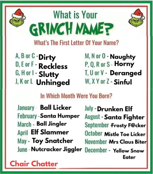 LET’S PLAY! 🎄🎅🏽

What’s your GRINCH name? 

#christmas #grinch #santa #holidays #northpole #game #naughty #mean #chairchatter #letsplay #explore #merrychristmas