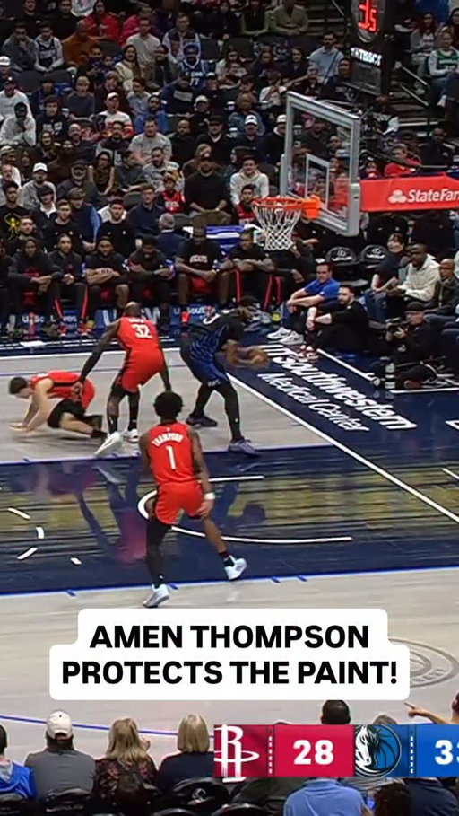 Amen Thompson leaps high to protect the paint in Dallas! ❌