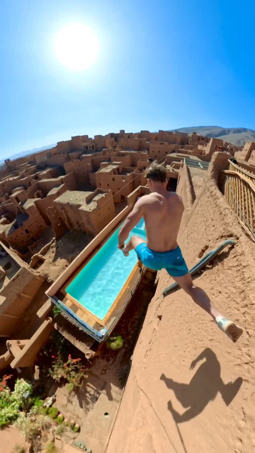 Desert Jump 😍🏜️💦8m into 1m Deep 🎯 
This was the sickest place we’ve ever been to. An abandoned  Desert City with one bright blue hotel. The heir of the Castle renovated it into a fully functional Hotel and it is the only place for tourists to stay within miles. Thx @giovanni_ertl for throwing the @insta360de @insta360 X5 stick. 
#parkour #pov #desert #cliffjumping #insta360x5