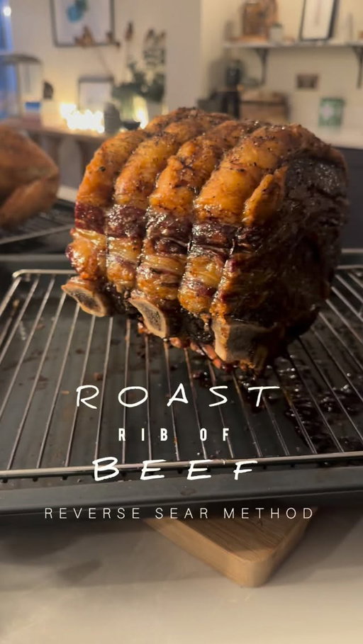 Reverse-Sear Joint of Beef (featuring a beautiful Rib of Beef from @thomas.joseph.butchery pr product) I find this method works best on nice fatty beef joints / steaks with a cap that crisp up and render. 

METHOD:

Salt your beef joint heavily all over with flaky sea salt and place on a rack over a large baking  tray. Allow to rest in the fridge for a minimum of 2 hours but best if left overnight. Take the joint out of the fridge 1 hour before roasting to bring up to room temperature. 

Preheat oven to 90c fan / 100c (yes, that low). 
Pat the beef dry with a paper towel being careful not to remove too much salt, sprinkle over some coarse black pepper and place on the bottom rack of the oven. Cook until the internal temperature reaches the following (see notes on timings below), depending on how you like your beef cooked (you will need a meat probe for this): 

•52c rare 

•53-54c medium rare 

•55-57c medium

•58-59c medium-well

Well done. Please don’t do it. 

Once the internal temperature is reached, take the tray out of the oven, leave the beef on the rack and cover the meat with foil. Let it rest for 30-90 minutes. 
 
Once the meat has rested for 30-90 minutes (I always let it rest a little longer, especially on Christmas Day, as it frees up space in the oven to cook all the Christmas Day sides), whack the oven up as high as it goes (I turn mine up to 270c fan), and once hot, uncover the beef, pop the tray on the bottom rack of the oven (so there is enough space for air to circulate around) and blast for 5-7 minutes until seared and crispy all over. There is no need to rest the meat again but I do for a few minutes before slicing into it. 

NOTES ON TIMINGS CONTINUED IN COMMENTS (pinned)

#roastbeef #reversesear