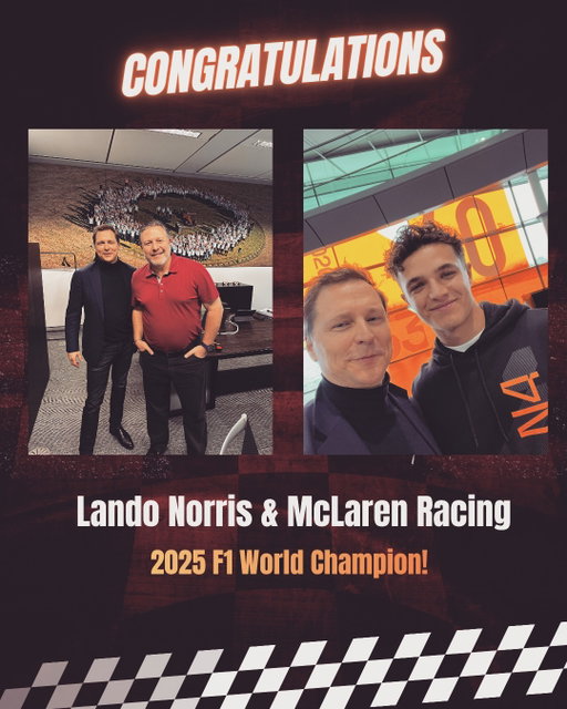2025 F1 World Champions! 🏆🧡

Huge congratulations to Lando Norris, Zak Brown, and the entire McLaren Racing family!

Witnessing this journey of passion, precision, and relentless dedication has been truly inspiring.

This title wasn’t just won on the track — it was built through innovation, teamwork, and belief.

Here’s to a legendary season and a champion who earned every second of it. 🏁✨

#WorldChampion #LandoNorris #McLaren #F1 #RacingFamily