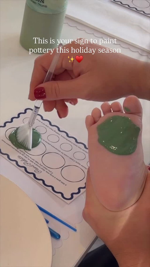 I just know his toes won’t be this scrumptiously small again, so painted a pottery wreath plate to remember this time with baby boy ✨

If you want to make a footprint wreath plate this year, here are 3 tips to make it easier painting with baby! 

1️⃣ Bring two adults.
One to hold the baby, and the other to paint the foot and press it down. It makes the footprint way more precise, and the “holder” can wipe feet between moments of adorable chaos.

2️⃣ Alternate feet + colors.
Use left foot for four footprints and right foot for four footprints. This helps your wreath look balanced and intentional — even if the process felt… not that. Two shades of green also make it extra pretty!

3️⃣ Paint in two sessions.
Session 1: get those precious footprints.
Session 2: come back after it dries to paint the bow + details without rushing. Baby already gave you their best behavior the first time, so you can let them move on to a new activity while you finish creating your masterpiece. 🎀

Here’s to tiny toes, holiday memories, and pottery projects that turn out even sweeter than you imagined. ✨

TAG A FRIEND with a little one that might love to do this, this holiday season ✨

📍 @mypoteriestudio 

#christmaspottery #potterypainting #babyfootprints