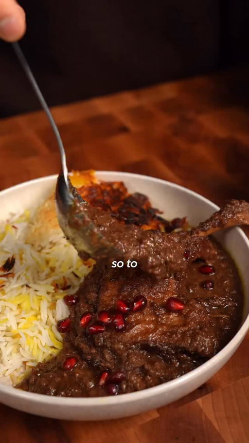 Teaching my friends how to impress his future in-laws. 

There are dozens of persian stews, or khoresht, out there but to me fesenjan is the most unique. It’s a pomegranate and walnut stew, sweet and rich but balanced by the sourness of the pomegranate. Here we’re going with duck for that elevated feel, which simmers in that goodness until pull apart tender. 

Ingredients 1 large onion, finely diced
3 medjool dates
5 oz walnuts
1 pinch saffron
1/4 cup water (for blooming saffron)
1/2 teaspoon turmeric
1/2 teaspoon black pepper
1/3 cup pomegranate molasses
2 duck leg quarters (or chicken leg quarters)
1 cinnamon stick
2 cups water
Salt, to taste
Pomegranate seeds, to garnish
Optional sugar, to taste