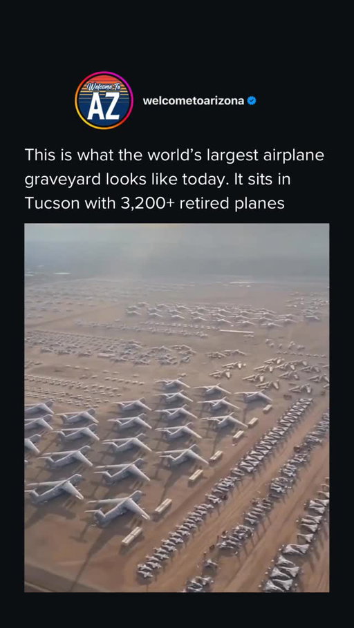 Welcome to “The Boneyard” in Tucson, AZ ✈️🌵
Home to more than 4,000 retired military aircraft across 2,600 acres, this massive site at Davis Monthan Air Force Base is the largest aircraft storage facility on Earth. The dry desert climate helps preserve everything from fighter jets to cargo planes under the care of the 309th AMARG.

What do you think of this view? 👀

#welcometoarizona #arizona #travel #viral #militaryplanes #tucson #aircraft #aviation