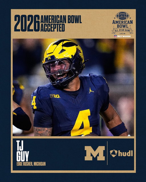 WELCOME TO THE AMERICAN BOWL! 🇺🇸

TJ Guy from @umichfootball has officially accepted his invitation to the 2026 American Bowl, where the nation’s top senior talent comes together to compete, represent their programs, and honor those who serve.

Next stop: Orlando 🇺🇸🏈

#TheAmericanBowl | #Accepted | #PathToTheDraft