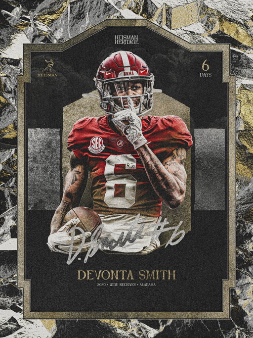 In 2020, @devontasmith became the first wide receiver in nearly three decades to win the Heisman, earning the award with a dominant, record-setting season for @alabamafbl that ended with a national championship.

#HeismanHeritage | 6 Days