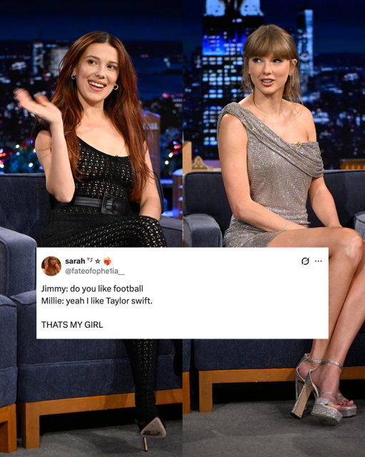 Yes, yes, and YES. 👏 Millie Bobby Brown's Swiftie energy was unmatched during her appearance on 'The Tonight Show Starring Jimmy Fallon.'

Photos: Getty, @milliebobbybrown
X Credit: fateofophe1ia__