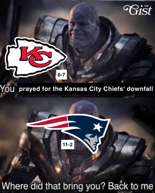 The Chiefs downfall is finally here, but Patriots dominance is back straight away. 🫠⁣
⁣
Upsets are rolling in, playoff spots are changing hands like it’s a game of hot potato, and the weather forecast wreaked havoc on pivotal showdowns. 👀⁣
⁣
Kansas City Chiefs quarterback Patrick Mahomes threw an uncharacteristic three interceptions in last night’s 20–10 L to the Houston Texans and their NFL–best defense. 😅⁣
⁣
Keep up with the NFL by subscribing to our free, 4x-weekly sports newsletter over at the link in bio. 💌⁣
⁣
#meme #menssports #football