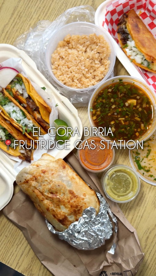 Gas station Birria for the W 🏆

This spot called @elcorabirria and we could smell their food the second we pulled up to the gas station! They only focus on Birria but that’s why they made it so good! 

We literally repeated ourselves so many times raving about the amount of meat they put in everything. But that’s why $47 for everything was so worth it. 

Here’s what we got:
🌯 Birria Burrito - $12.50
🌮 Quesabirria Tacos - $13.50 (3tacos) 
🌮 Goat Biria Taco - $5
🍚 Side of Rice - $4.50
🍲 Consome - $7.50

📍El Cora Birria - 7900 Fruitdridge Rd., Sacramento, CA 95820