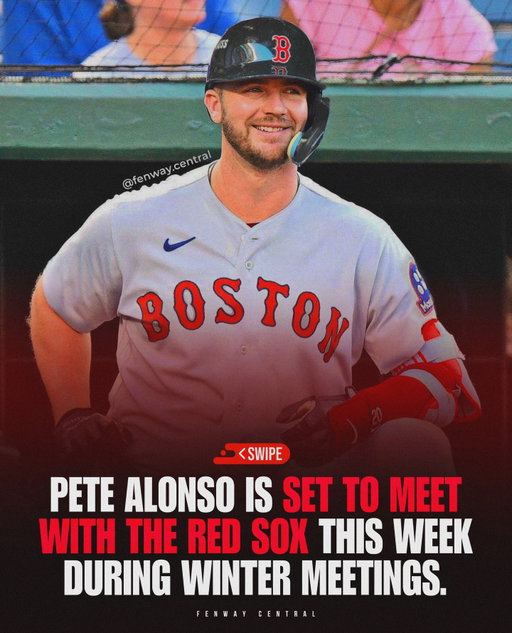 The offseason is heating up 👀 🔥 

According to Jon Heyman, Pete Alonso is set to meet with interested suitors tomorrow in Central Florida - where Winter Meetings are happening. Interested parties include the Boston Red Sox and Baltimore Orioles.

The Red Sox are keen on picking up a first baseman this offseason and the veteran right-handed slugger appears to be top on their list.
Current Red Sox first baseman, Triston Casas went down with a knee injury last season and is not set to be ready for Opening Day. In a heavy left-handed lineup, Alonso could be the righty pop the Sox desperately need.

Last season, Alonso batted .272 with 38 HRs, holding an .871 OPS and 3.4 WAR. He drove in 126 runs and played in all 162 games.

Would you like to see Boston extend an offer to Pete Alonso? 🤔 
.
.
.
.
#redsox #fenwaycentral #mlb #mlbb #mlbnews #redsoxnews
#redsoxnation #petealonso #dodgers #mets #davidortiz #beisbol #yankees #baseballislife #miketrout #bostonstrong #redsoxbaseball