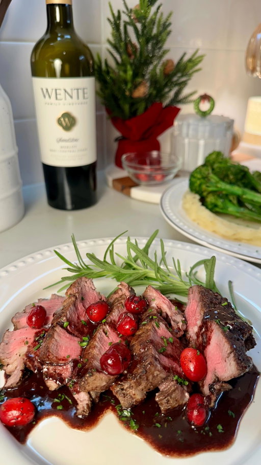Filet mignon for the holidays featuring @wente Sandstone Merlot 😋🍷 Comment recipe for full ingredients/instructions DM’d straight to you! 🥩🤭 #filetmignon #steaknight #steaksauce #redwinereduction #wine