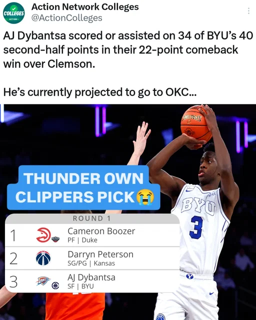 The Thunder still own the Clippers’ first-round pick-swap rights from the 2019 Paul George trade.

OKC currently has a 47.7% shot at a top-4 pick with LA sitting in the bottom third of the league via tankathon.com 

#nba #byu #okc #clippers #draft