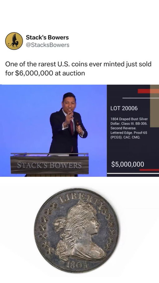 The legendary 1804 Draped Bust Silver Dollar crossed the block last night for a hammer price of $6,000,000 with buyer’s premium 🤩

Often called the ‘King of American Coins,’ it remains one of the rarest and most coveted pieces in U.S. numismatics.

A true trophy coin from the James A. Stack, Sr. Collection.