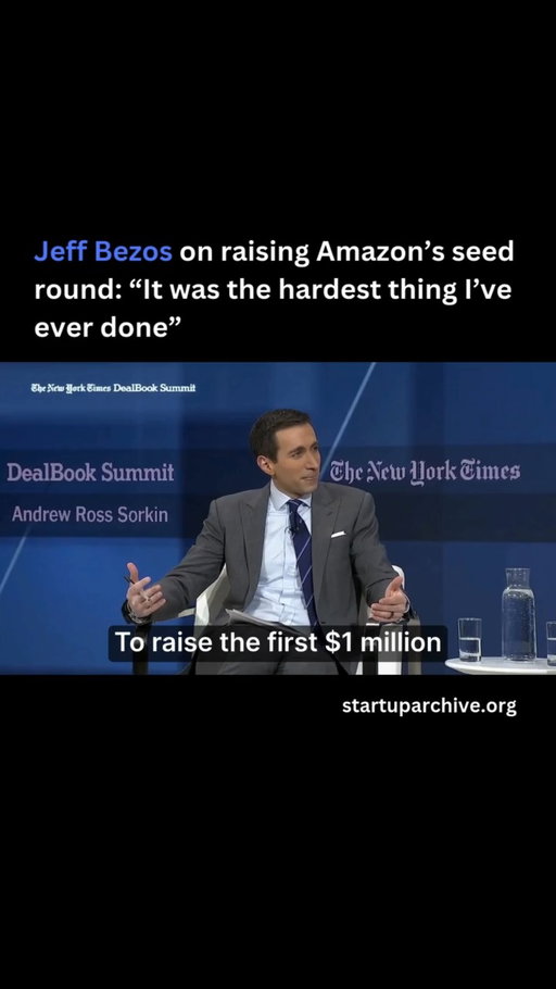 “To raise the first $1 million of seed capital for Amazon, I sold 20% of the company at a $5 million valuation. I sold 20% of the company for a million dollars to 22 angel investors, roughly $50,000 each.”

Jeff recalls taking 60 meetings to get to those 22 angels who said yes, which means roughly 40 of the investors he pitched said no.

“And by the way, the 40 ‘no’s were hard-earned ‘no’s… They were multiple meetings, working really hard to get people to write that $50,000 check. And the whole enterprise could have been extinguished then.”

This was in 1995, and the first question Jeff would always get was, “What’s the Internet?”

So Jeff would patiently explain what the Internet was. He would also always tell them he thought there was a 70% chance they would lose their investment.

“In retrospect, I think that might have been a little naive, but I think it was true. In fact, if anything, I think was giving myself better than the real odds.”

Video source: @nytimes (2024)

---

Want even more startup insights from the world's best founders?

Join the 11,000+ founders who read the free newsletter at startuparchive.org
