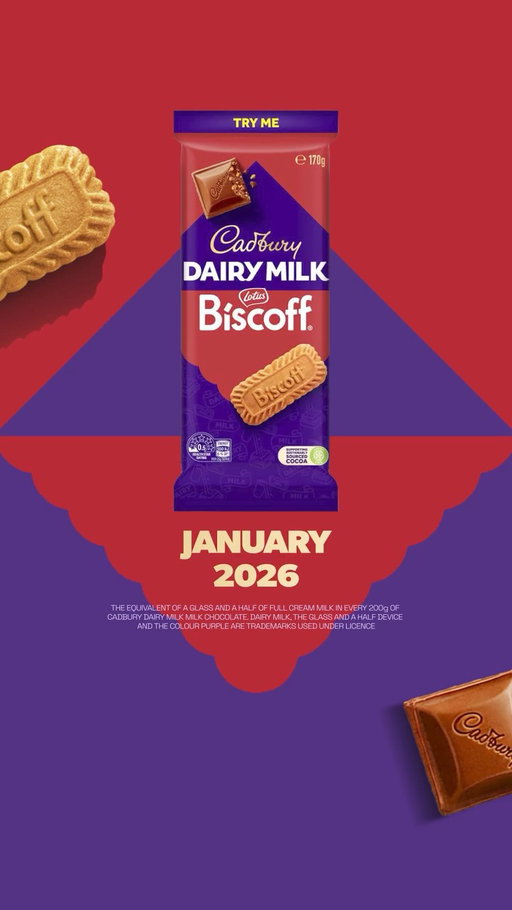 Your fave flavour pairing is coming to Australia. Smooth Cadbury milk chocolate with crunchy Biscoff caramelised biscuit. Try it this January.