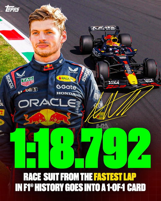 The FASTEST trading card in history! 🏎️💨 We’re excited to announce an exclusive autograph, trading card, and merchandise partnership with Max Verstappen, allowing us to create historic F1® trading cards together! 🔥
 
This card, which features a piece of Max’s race-worn suit from the fastest lap in F1® history, has been inserted into one random pack of 2025 Topps F1® Eccellenza, available today.