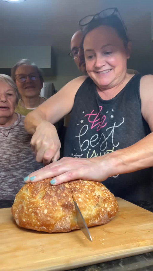 Here’s my “basic” recipe for two loaves:

720 grams water
170 grams sourdough starter
20 grams salt
1000 grams unbleached white flour

Mix everything together.

Cover and stretch + fold every 30 minutes (4 rounds).
I usually do this before bed and let the dough proof overnight.

In the morning, refrigerate for 6 hours.

Heat your Dutch oven (lid on) for one hour at 450°F.
Divide the dough and shape.
Bake for 30 minutes with the lid on.
Remove the lid and bake for another 15 minutes.

Let cool completely before slicing.  Torture, but absolutely worth it. Side note: my Mom left her bread knife at church 😂

Who’s adding this to their weekend bake list?

#sourdough #sweetsourdough #mybizzykitchen