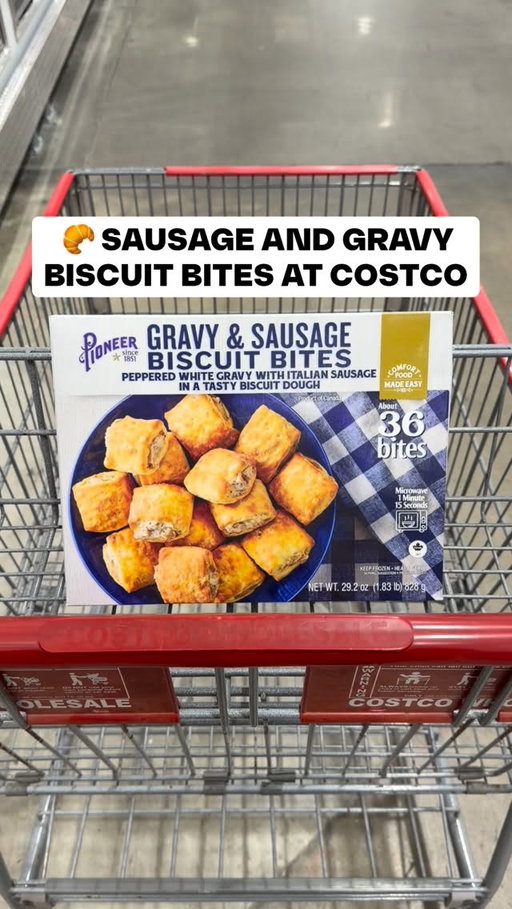 🥐 These sausage & gravy biscuit bites at Costco are such a yummy snack — flaky biscuit dough filled with creamy peppered white gravy and Italian sausage. Great for quick breakfasts or appetizers! $11.59 #costco #snackideas